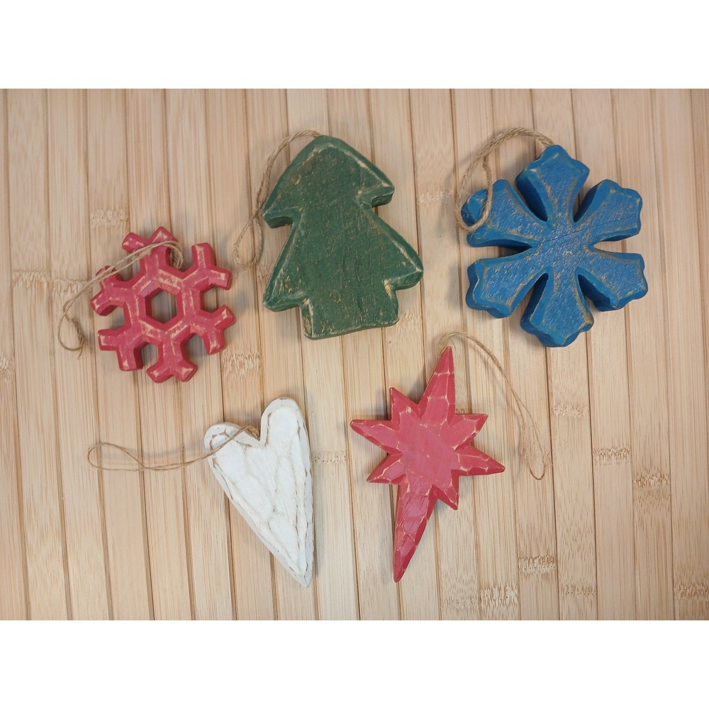 Rustic Hand Carved Wood Christmas Ornaments Set of 5 Distressed Farmhouse Decor